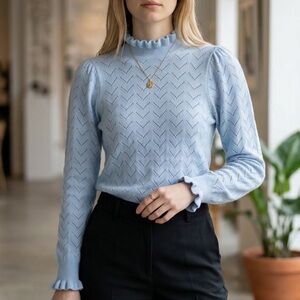 J.Crew 100% Cashmere Pointelle Mockneck Ruffle Sweater Shale Blue Small